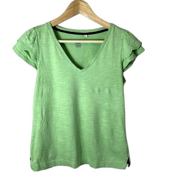 Boden Light Lime Green V-Neck Eyelet Lace Short Cap Sleeve T-Shirt Size S - Picture 2 of 15